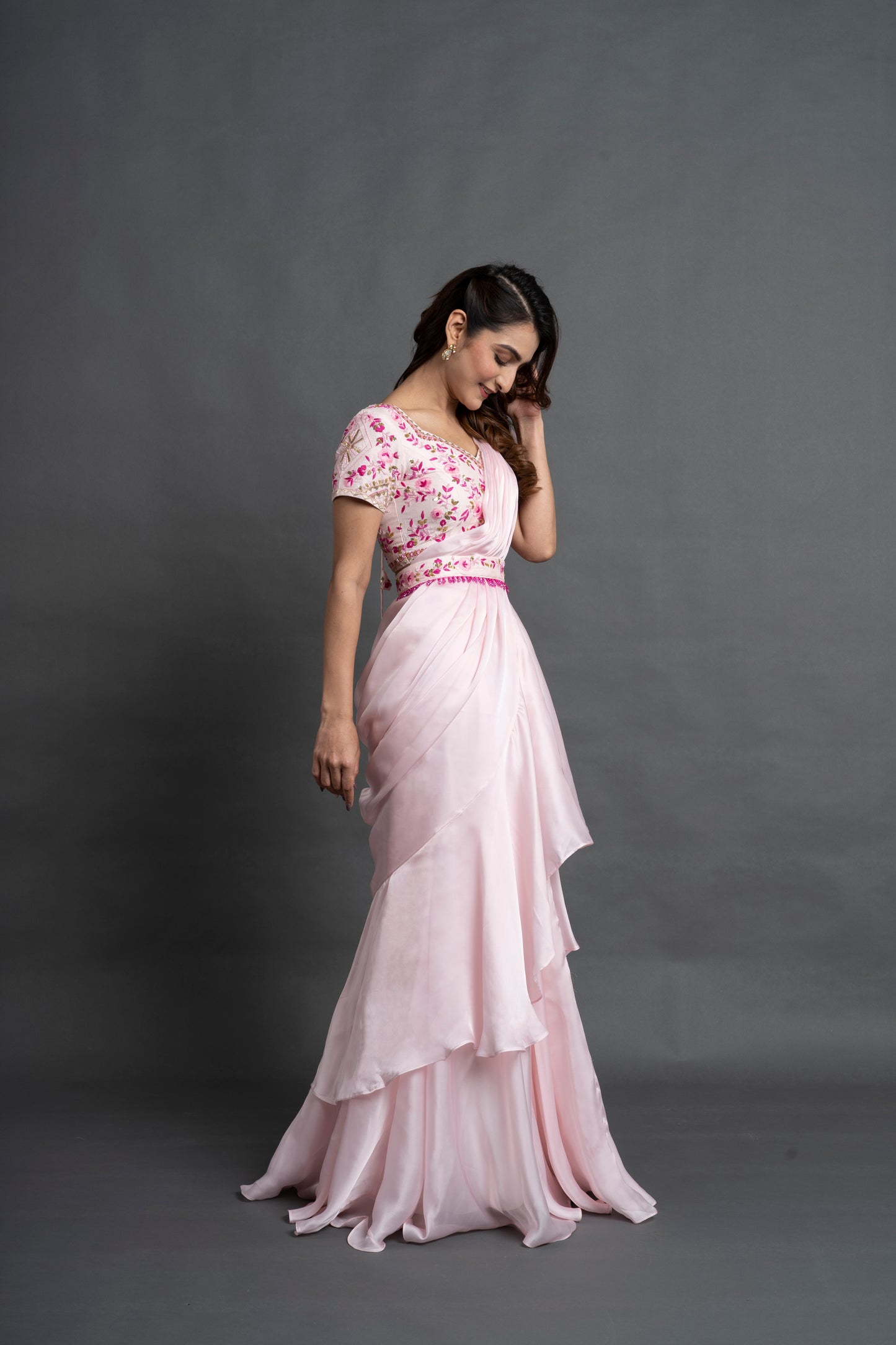 Peach Pink Pre-Draped Saree